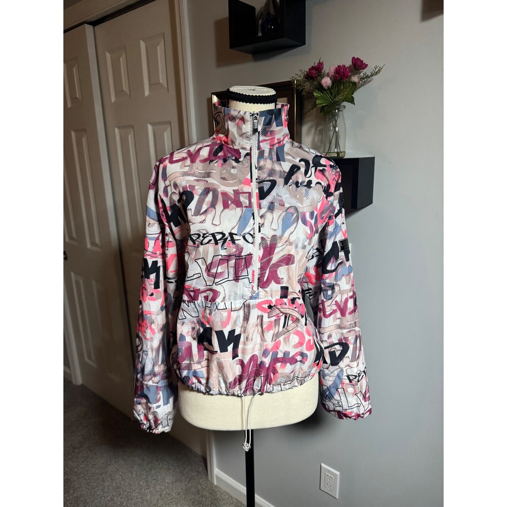 Calvin Klein Artsy Y2K Graffiti Logo Half Zip Windbreaker Jacket Pink White Sz